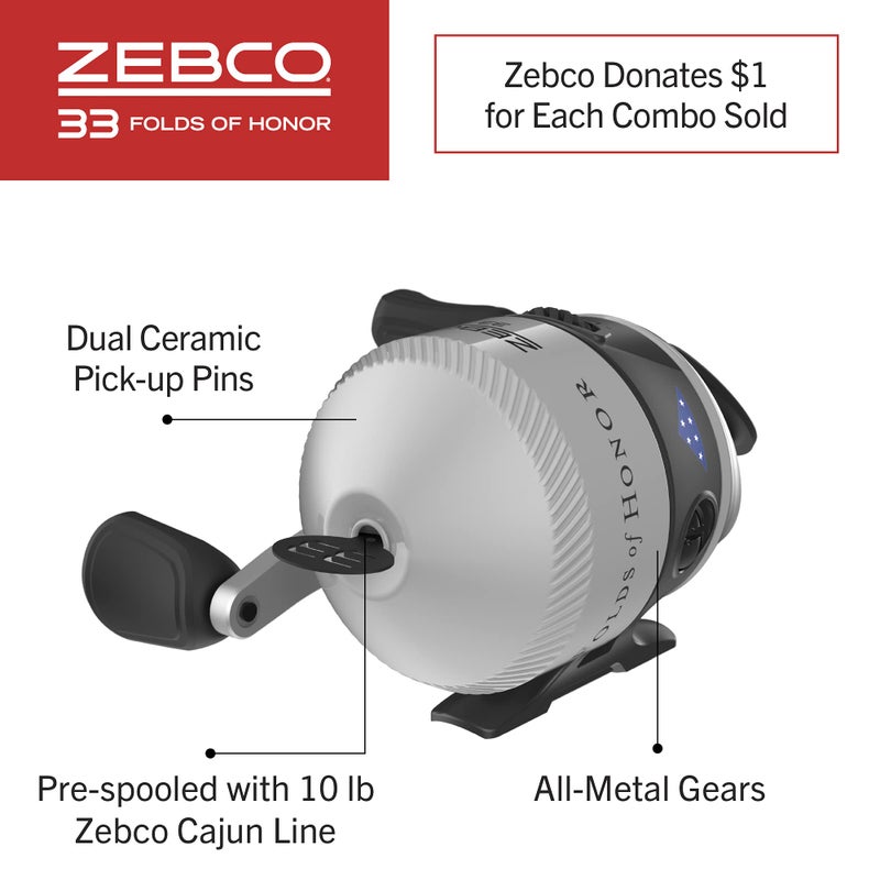 Zebco 33 Folds of Honor Spincast Reel and 2-Piece Fishing Rod Combo, 6-Foot Fiberglass Rod, Quickset Anti-Reverse Fishing Reel with Bite Alert, 1 Dollar Donated to Folds of Honor Foundation,Grey/Black - Image 5